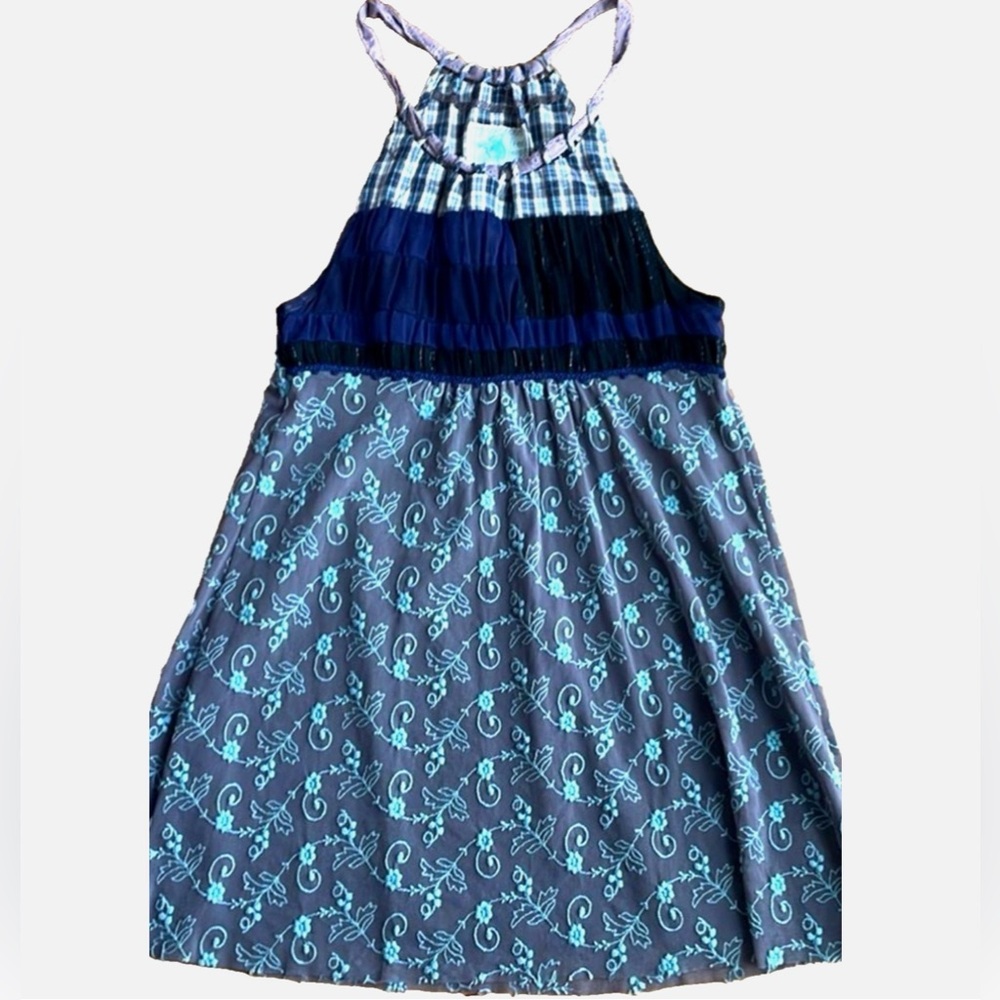 Free People Blue Patchwork Boho Babydoll Tank Top Small Sleeveless Printed